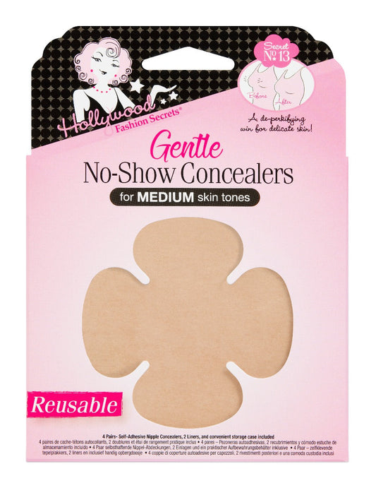 A package of Hollywood Fashion Secrets Gentle No-Show Concealers for medium skin tones displays a reusable, flower-shaped adhesive nipple cover.