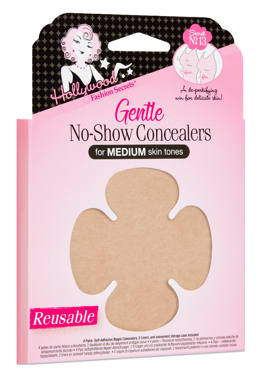 Hollywood Fashion Secrets Gentle No-Show Concealers for medium skin tones showcases a reusable flower-shaped nipple cover on its pink retail packaging.