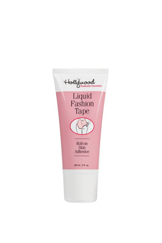 A tube of Hollywood Fashion Secrets Liquid Fashion Tape showcases its roll-on skin adhesive formula for securely holding clothing against the skin.