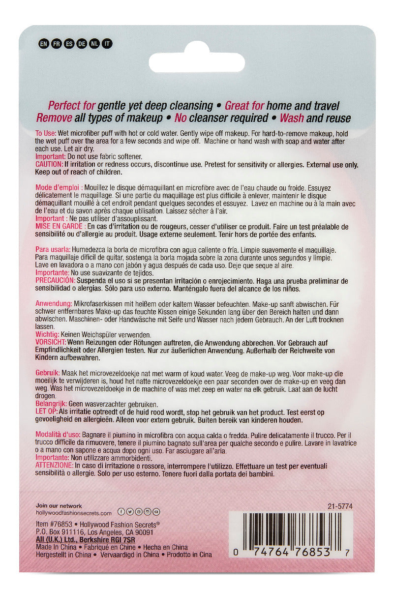 The back of a Hollywood Fashion Secrets product package displays multilingual usage instructions and benefits for a reusable microfiber makeup remover puff.