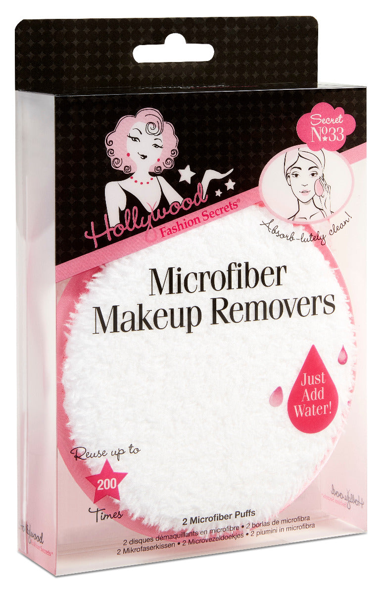 A package of Hollywood Fashion Secrets Microfiber Makeup Removers features a soft, white reusable puff that cleans skin using only water.