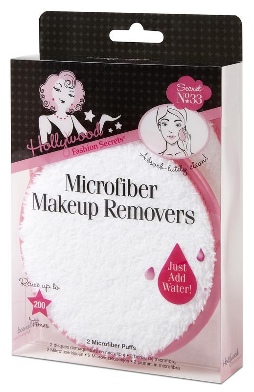 A pink and white box of Hollywood Fashion Secrets Microfiber Makeup Removers showcases two reusable white puffs for gentle, water-activated skin cleansing.
