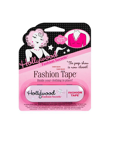 A package of Hollywood Fashion Secrets Fashion Tape features a portable tin containing 36 double-sided adhesive strips designed to hold clothing securely in place.