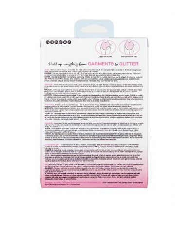 The back of a skin-safe fashion adhesive box displays multi-language instructions and diagrams for applying body glue to secure garments and glitter.