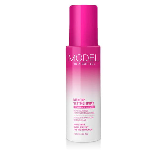 A sleek, pink-to-white gradient bottle of Model in a Bottle Matte Finish Makeup Setting Spray showcases its aloe vera infusion and water-resistant formula.