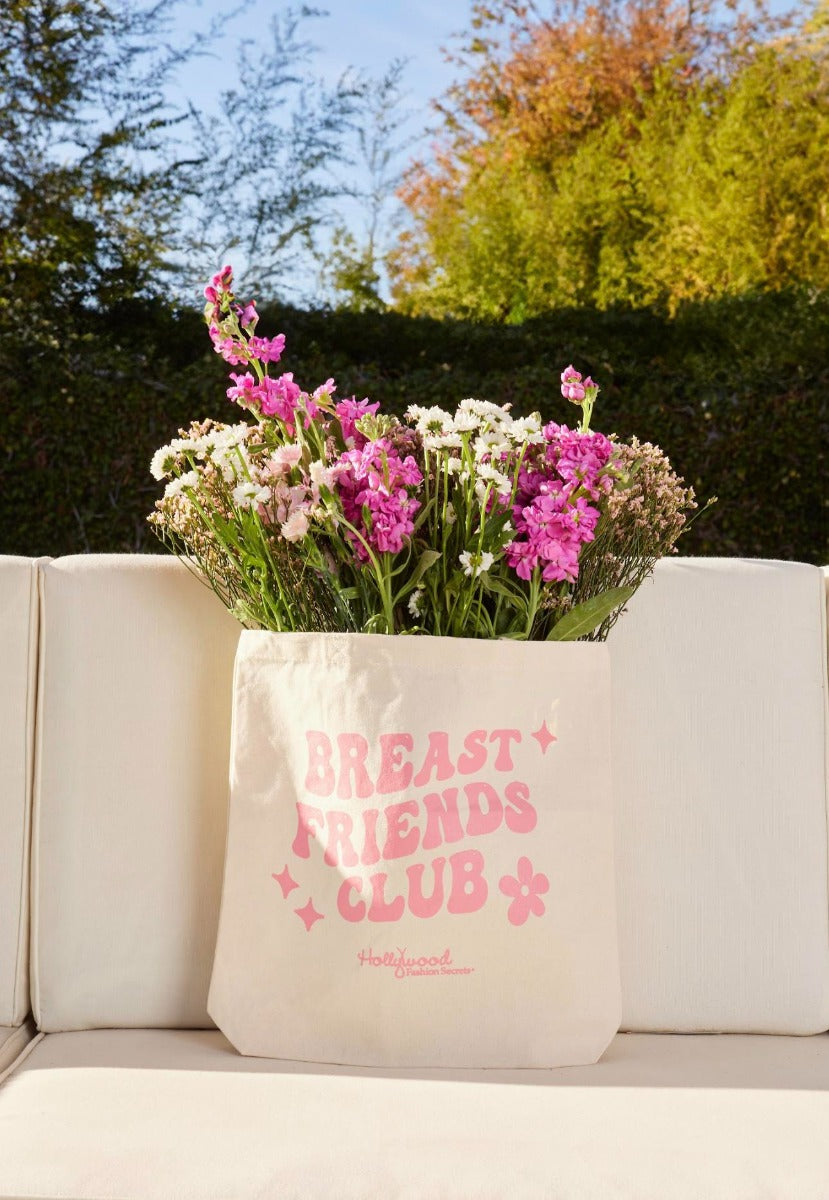Image of Hollywood Fashion Secrets Breast Friends Canvas Tote front facing with printed Breast Friends Club graphic