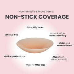 A promotional graphic for non-adhesive silicone inserts, showing a shallow beige bowl in the center with text around it describing features like reusable 100+ times, adhesive-free, ultra-thin seamless edges, water and sweat-resistant, medical grade silicone, and matte finish on a soft pink background.