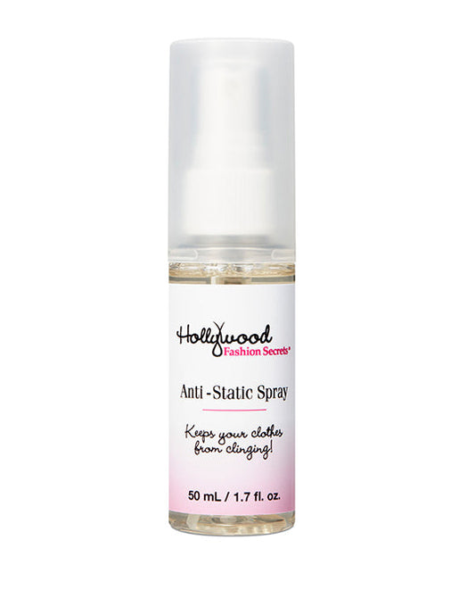 A travel-sized 50ml bottle of Hollywood Fashion Secrets Anti-Static Spray showcases its pink and white label designed to keep clothes from clinging.