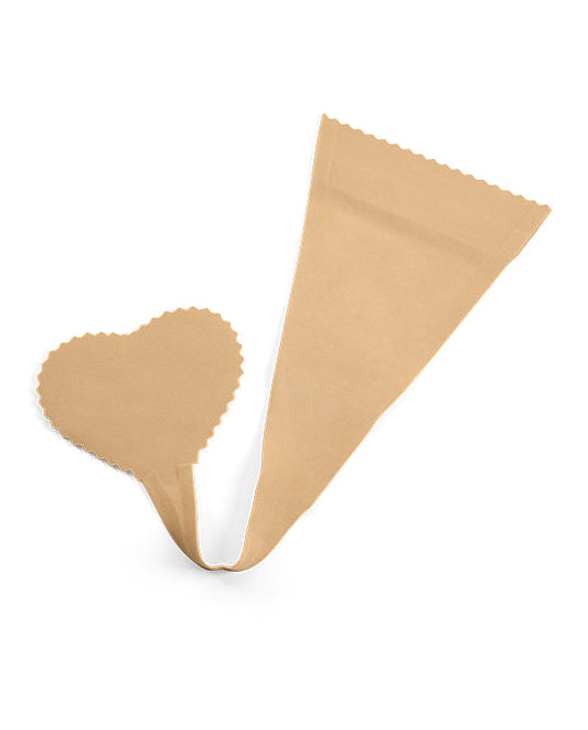 A tan adhesive breast lift tape features a heart-shaped base and a long, tapered lifting strap against a clean white background.
