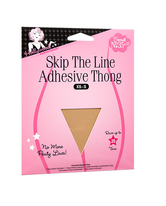 Side view of Hollywood Fashion Secrets Skip The Line Adhesive Thong packaging, emphasizing seamless wear benefits.