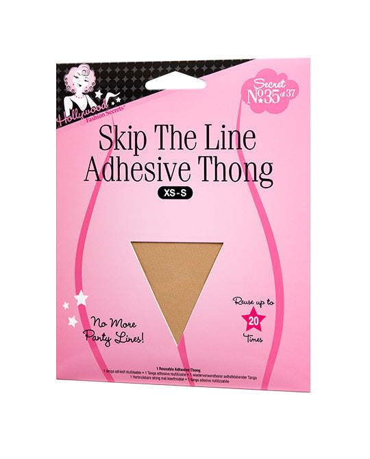 Close-up of Hollywood Fashion Secrets Skip The Line Adhesive Thong XS-S packaging with pink design and product preview.