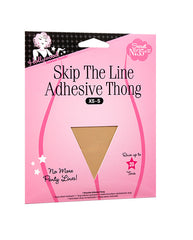 Side view of Hollywood Fashion Secrets Skip The Line Adhesive Thong packaging, emphasizing seamless wear benefits.