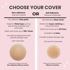 A pink informational comparison graphic titled 'CHOOSE YOUR COVERUP' showing two non-adhesive silicone inserts samples side by side with text describing non-adhesive silicone inserts and self-adhesive silicone coverUps, including size, reuse count, and storage pouch details.