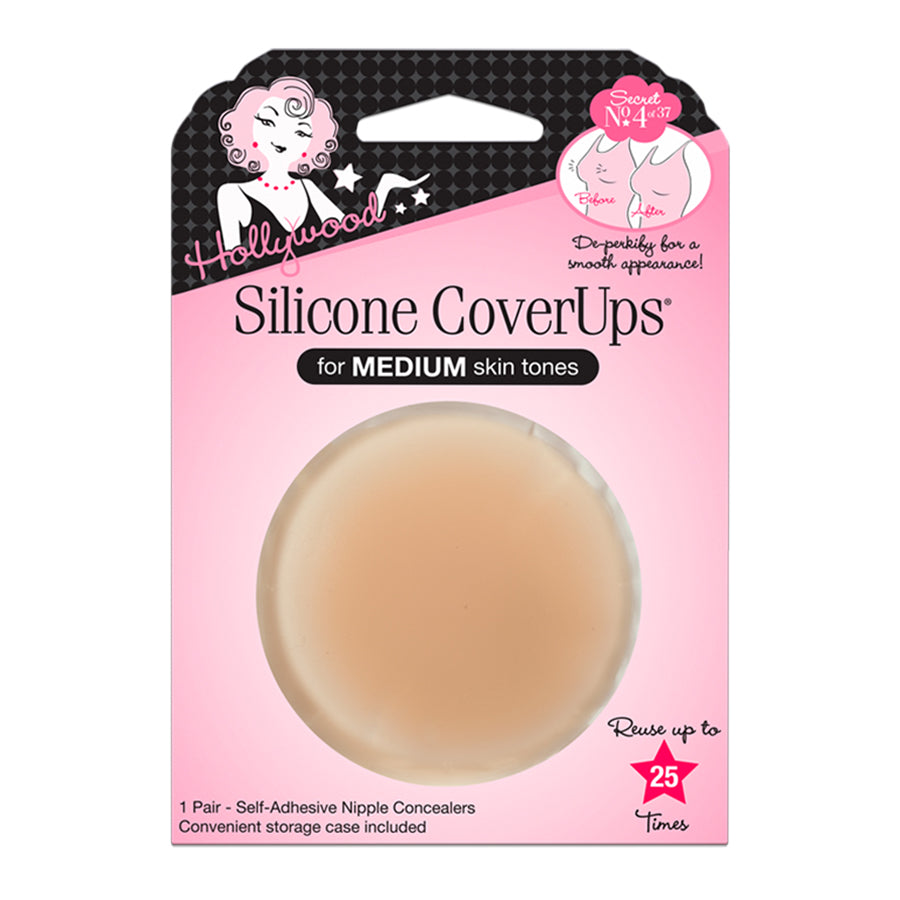 Hollywood Silicone CoverUps for medium skin tones, containing a pair of self-adhesive nipple concealers in a pink retail blister pack.