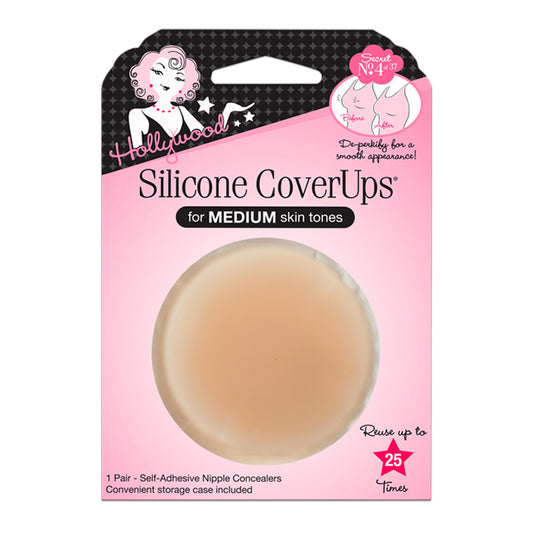 Hollywood Silicone CoverUps for medium skin tones, containing a pair of self-adhesive nipple concealers in a pink retail blister pack.