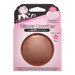 Hollywood Fashion Secrets Silicone CoverUps in a dark brown shade, packaged in a pink and black cardboard case with a circular window showing the makeup product.