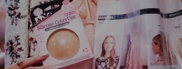 Product packaging with a focus on 'Silicone Cover-Ups' and a magazine or catalog page.