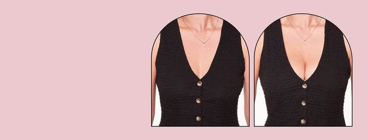 Before and after black sleeveless top depicting push-up bra on a pink background