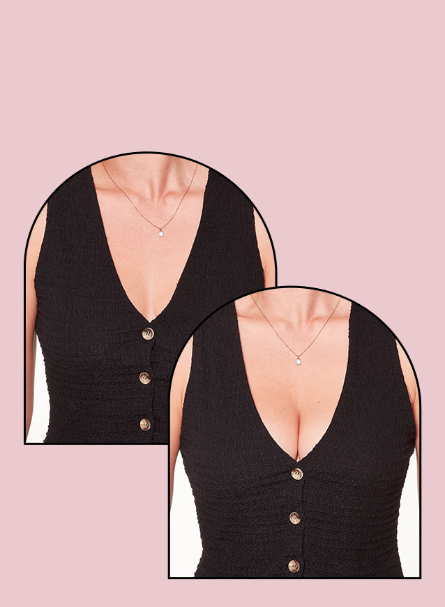 Before and after black sleeveless top depicting push-up bra on a pink background