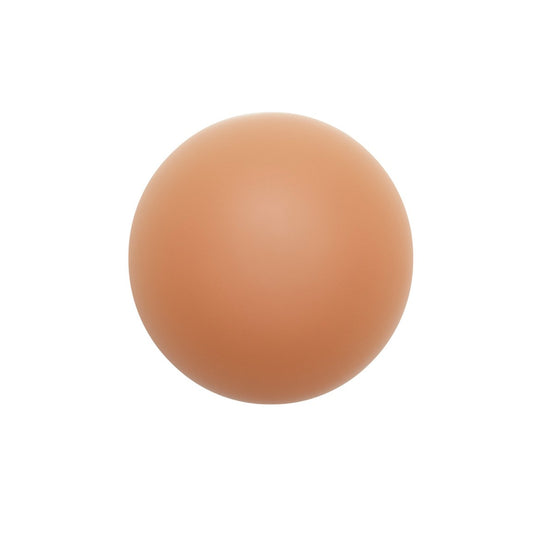 A smooth, matte tan sphere sits centered on a solid white background.