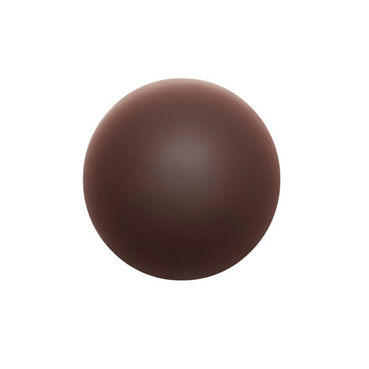 A smooth, chocolate brown matte sphere rests against a clean white background.