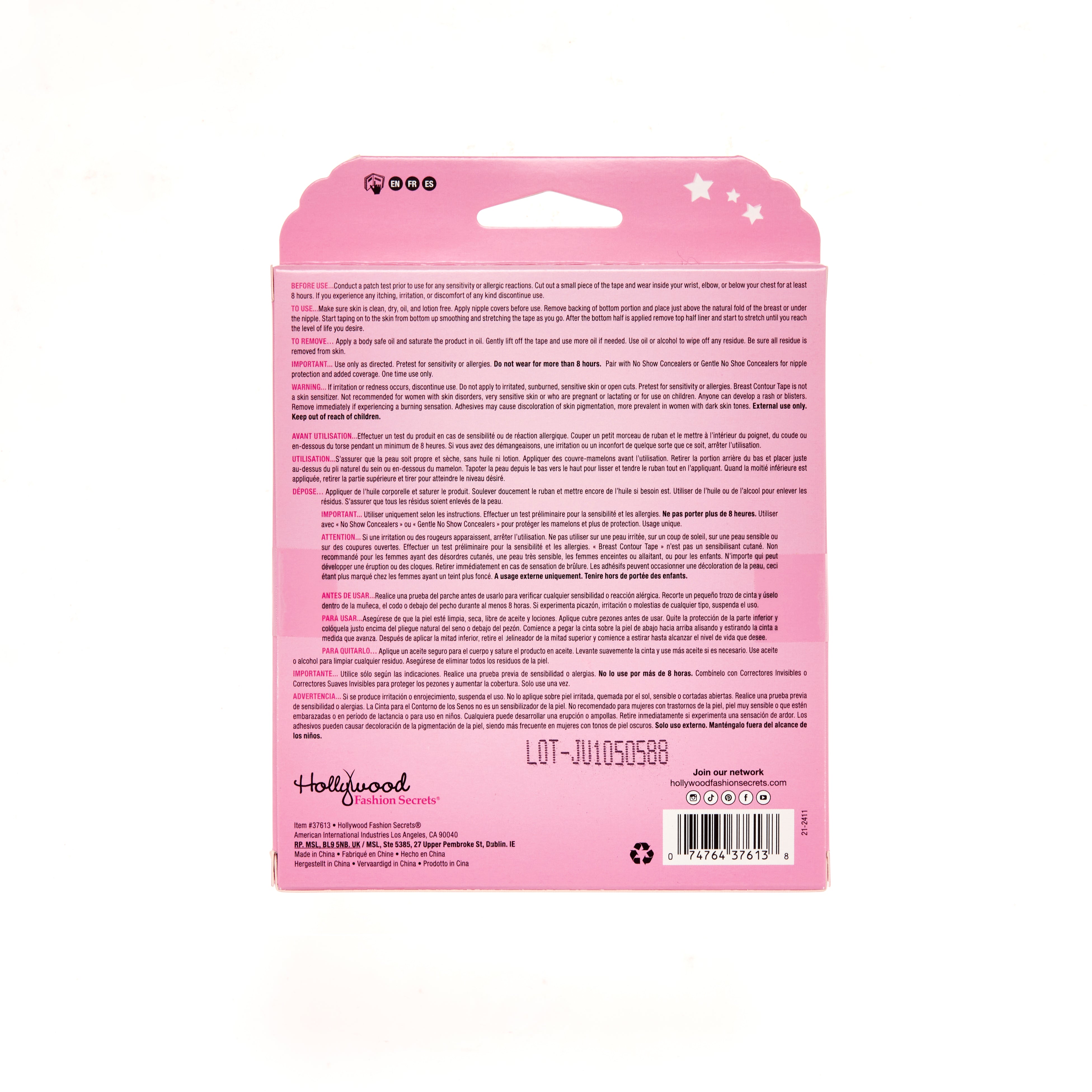 Pink product packaging with text and branding on a white background
