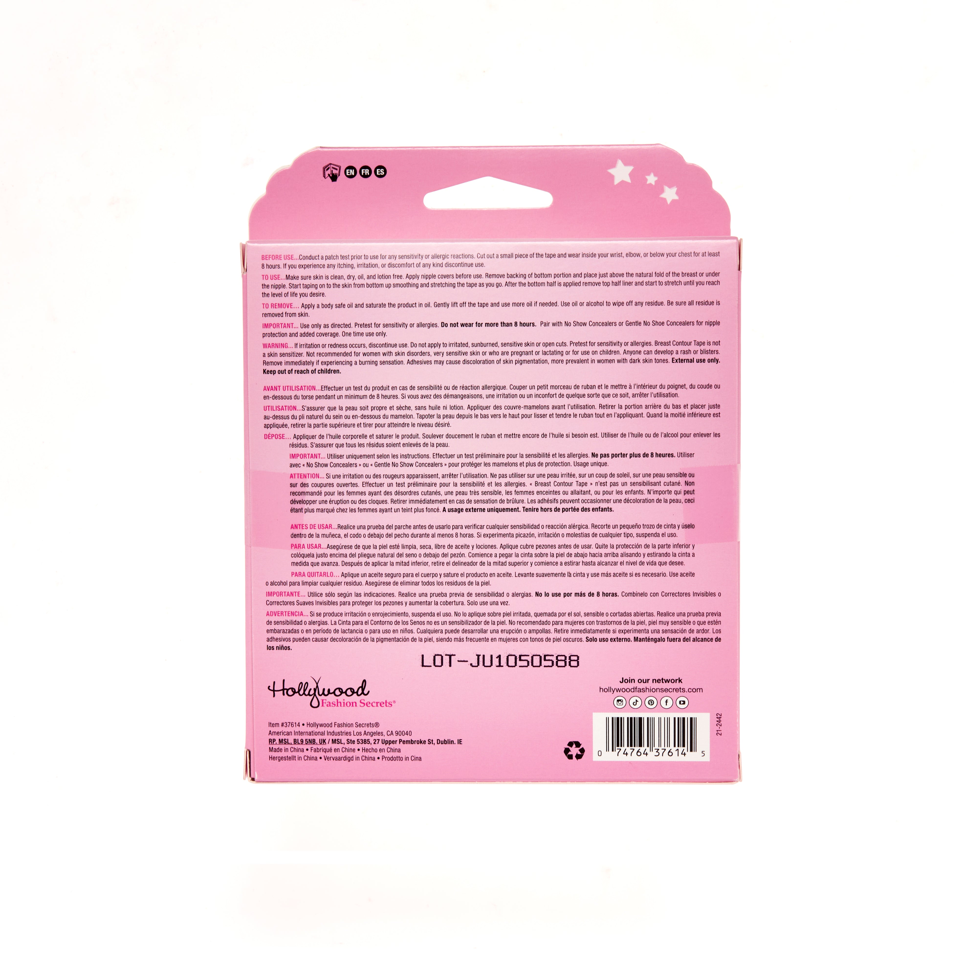Back side of packaging with text and a barcode on a white background