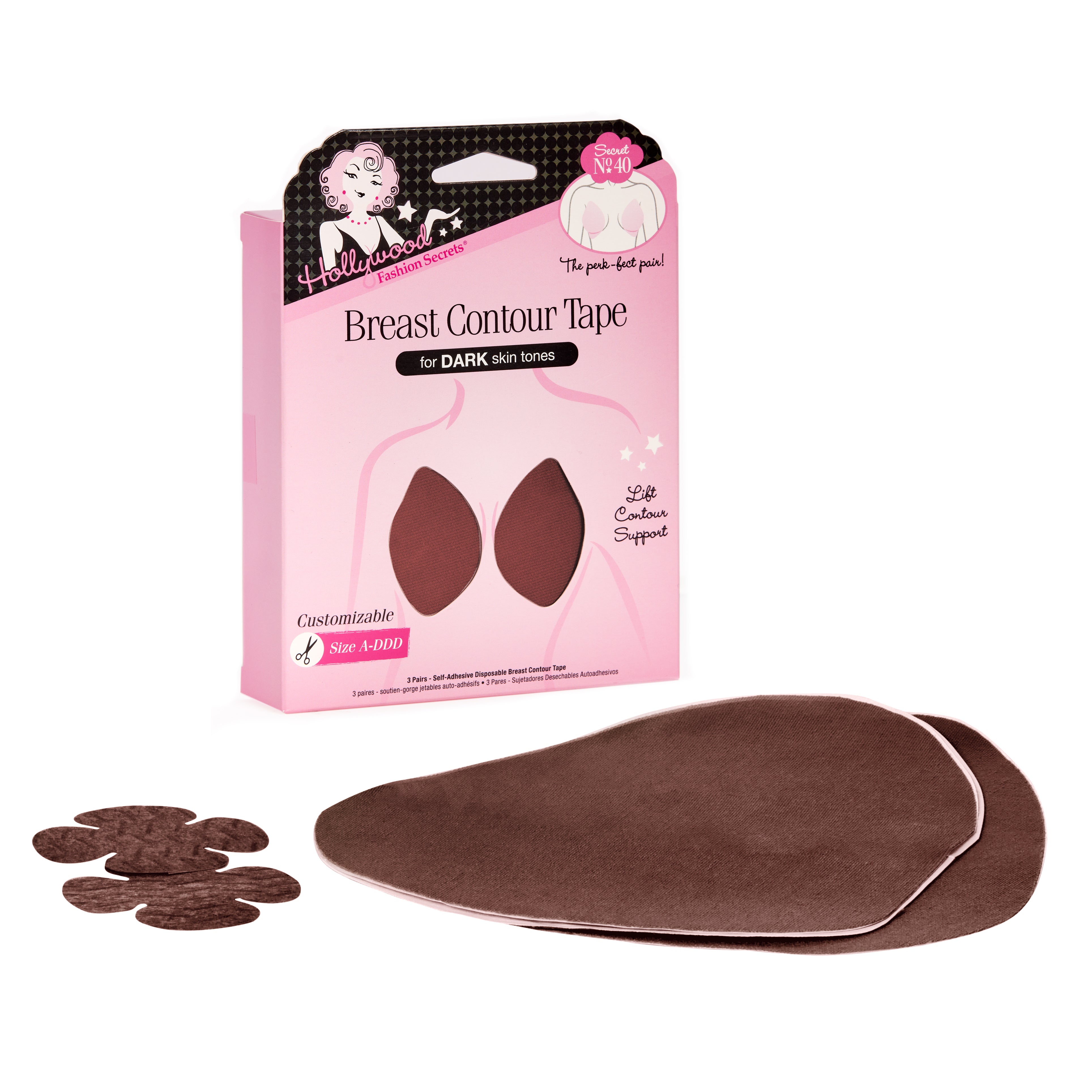 Hollywood Fashion Secrets breast contour tape packaging with brown tapes on a white background