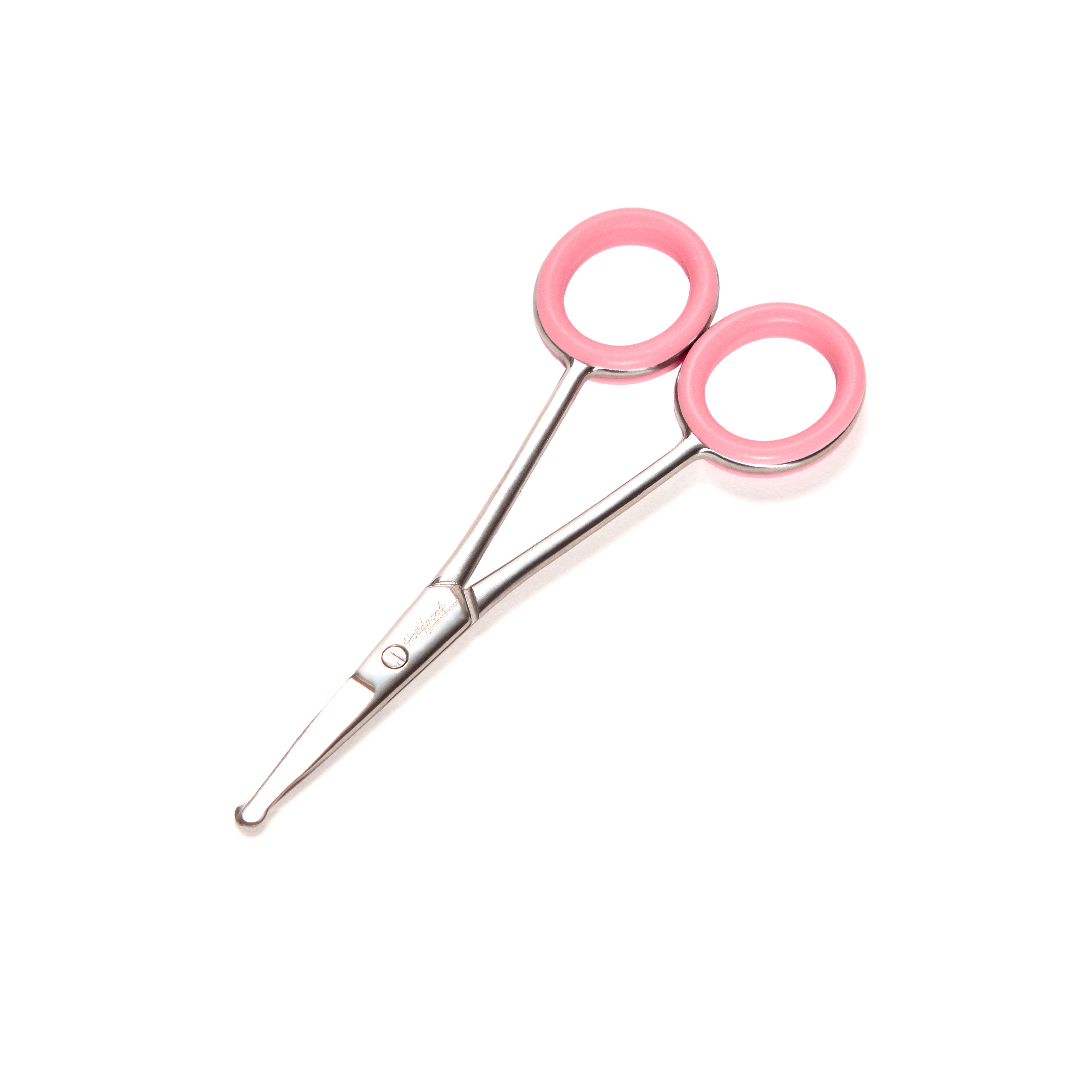 Pair of scissors with pink handles on a white background
