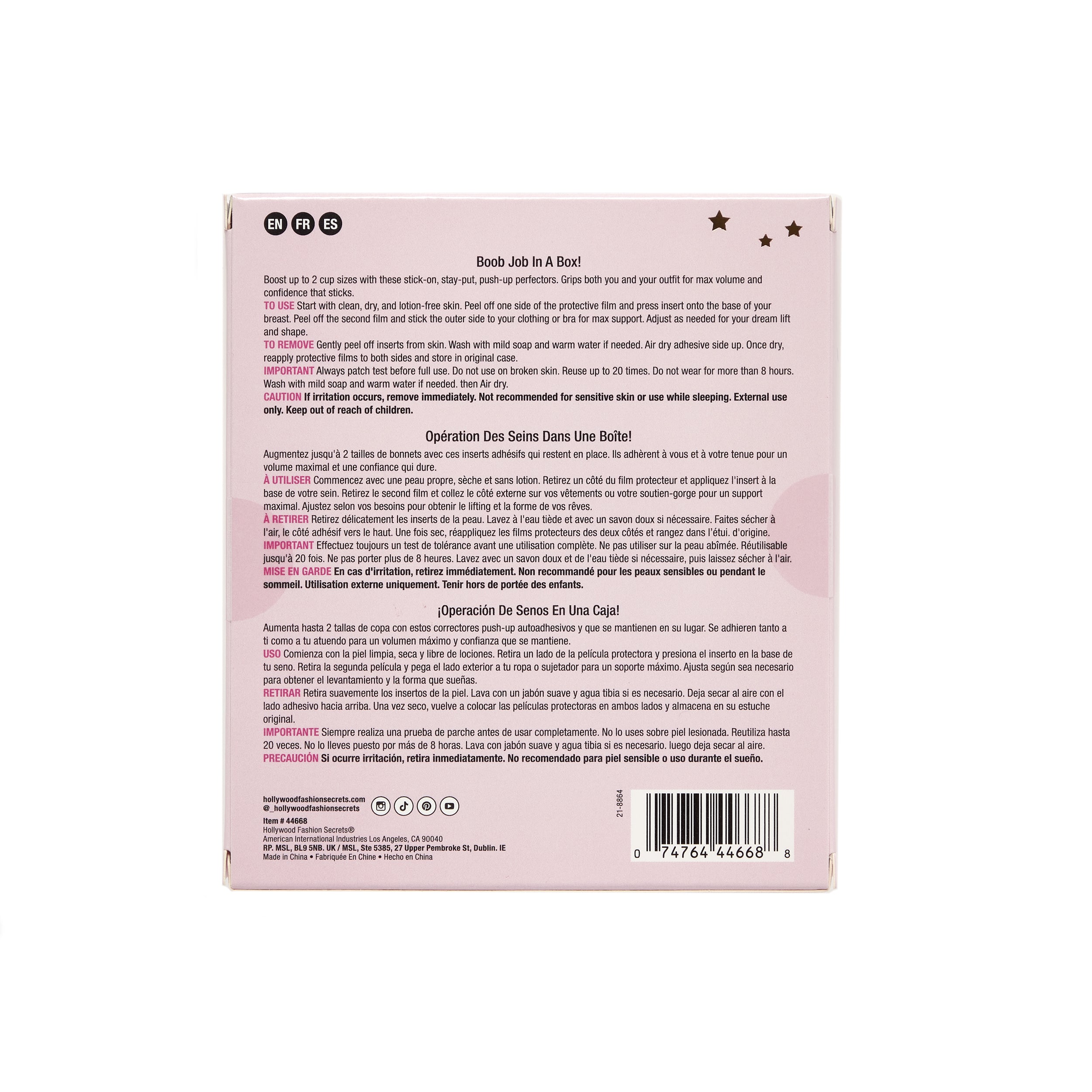 Back side of the Double-Sided Adhesive Push-Up Bra packaging on a white background