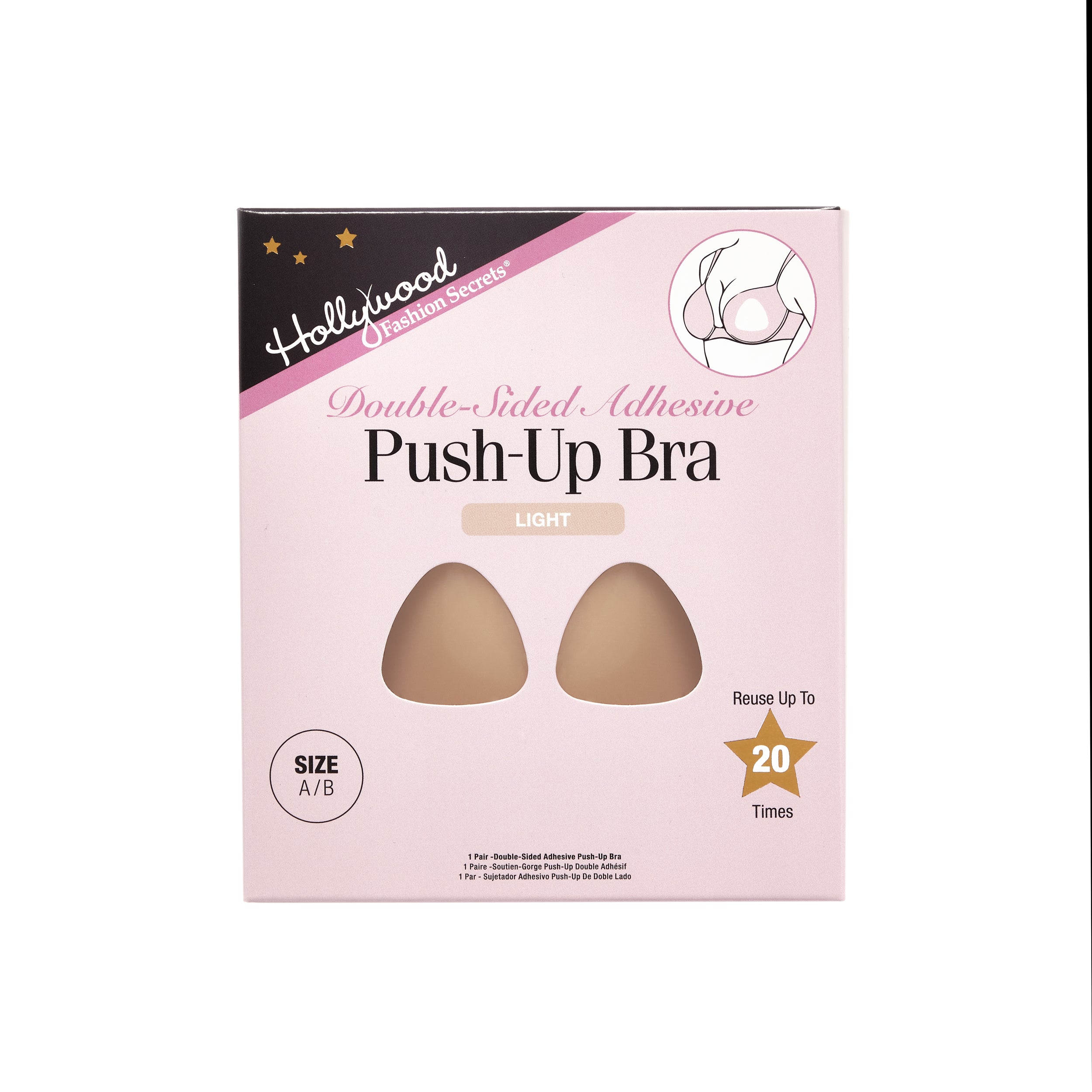 Box of Hollywood Secret Push-Up Bra with adhesive pads on a white background