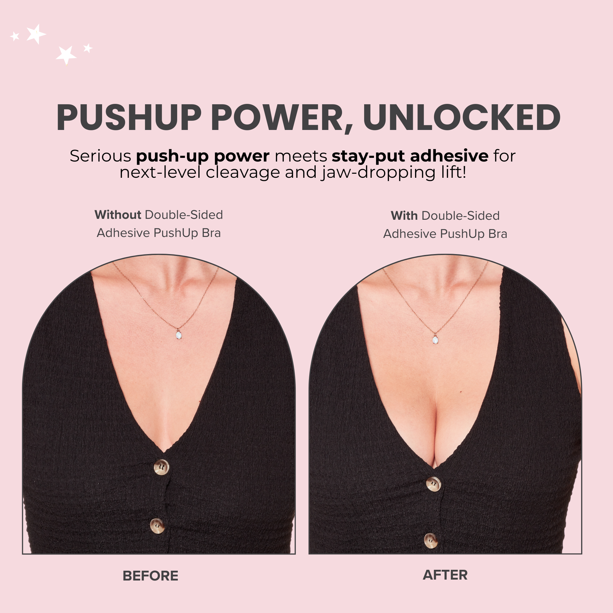 Comparison of a push-up bra with and without double-sided adhesive on a pink background.