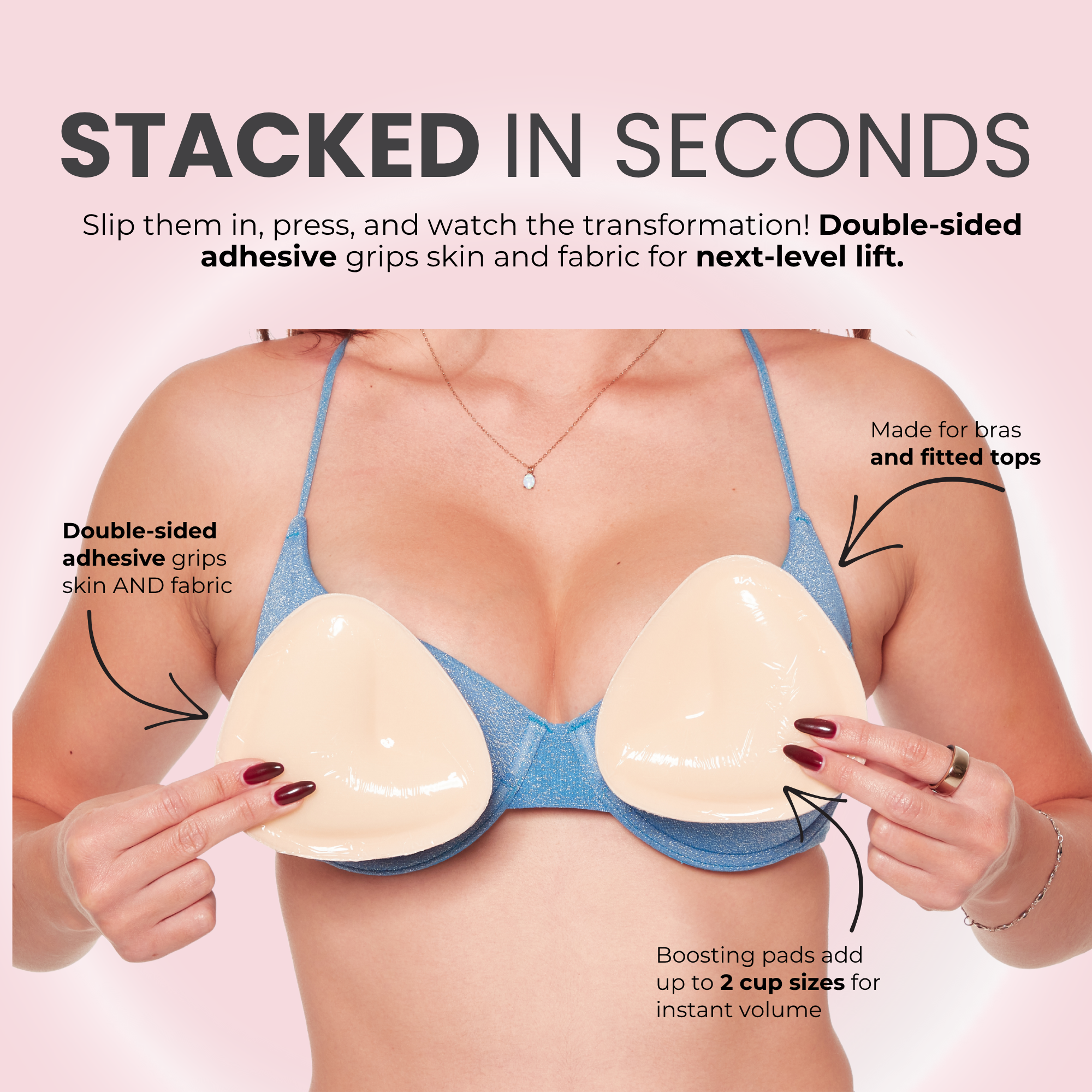 Person wearing a blue bra with silicone pads attached, on a pink background with text about the product.
