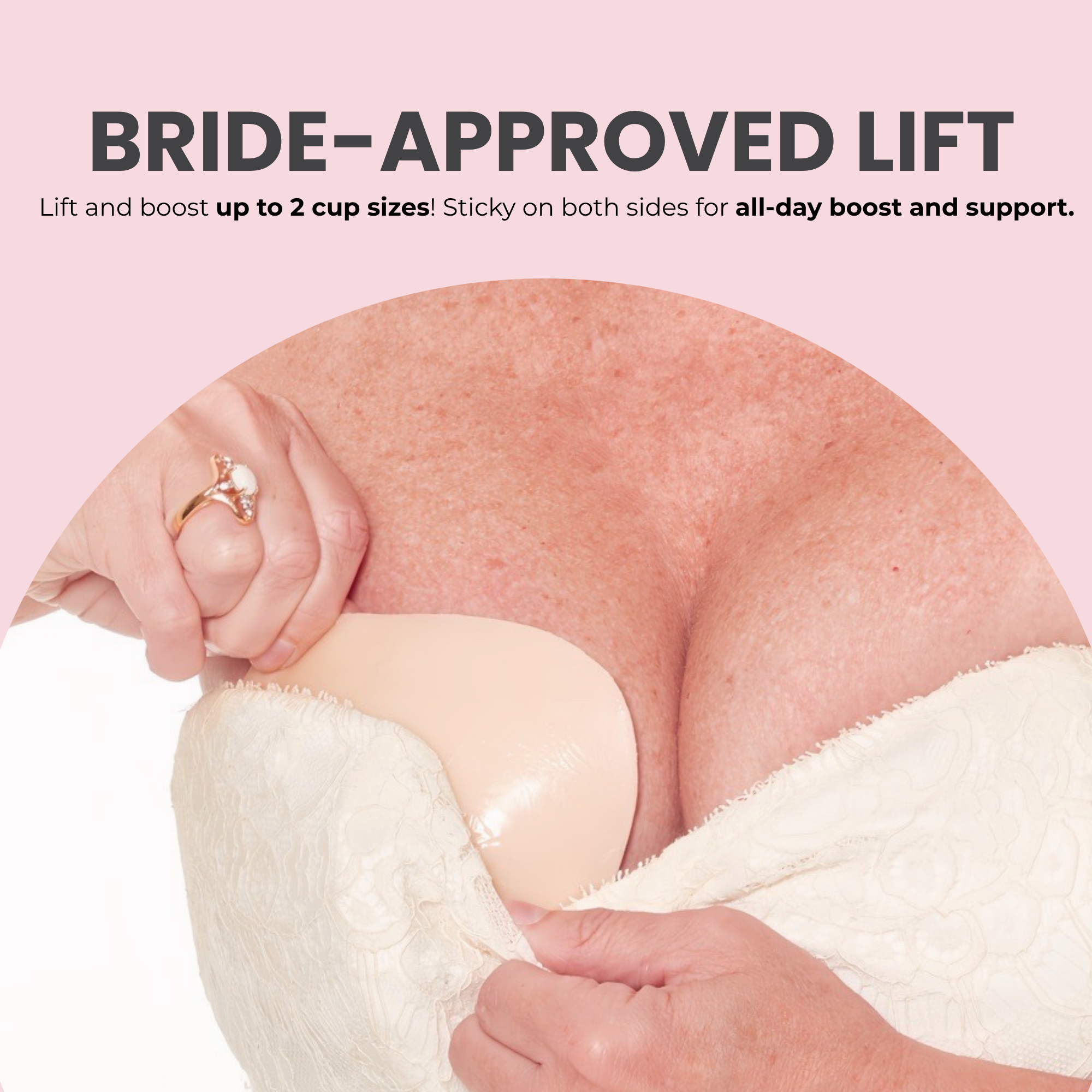 Product being applied to a breast with text about 'bride-approved lift' on a pink background