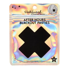 Holographic packaging of After Hours Blackout Pasties with 'Hollywood Fashion Secrets' branding.