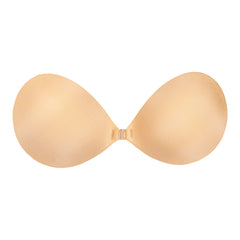 Backless and strapless adhesive bra with front clip closure.