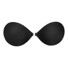 Backless and strapless adhesive bra in black with front clip closure.