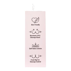 Side view of Hollywood Fashion Secrets front clip push-up bra packaging highlighting skin-friendly wear, maximum lift, soft fabric, and cleavage control.