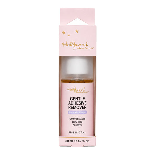 Hollywood Fashion Secrets Gentle Adhesive Remover in Lavender Crème, shown in front-facing pink packaging.