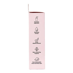 Side view of Hollywood Fashion Secrets Gentle Adhesive Remover packaging highlighting easy spray application, nourishing formula, and gentle adhesive removal.