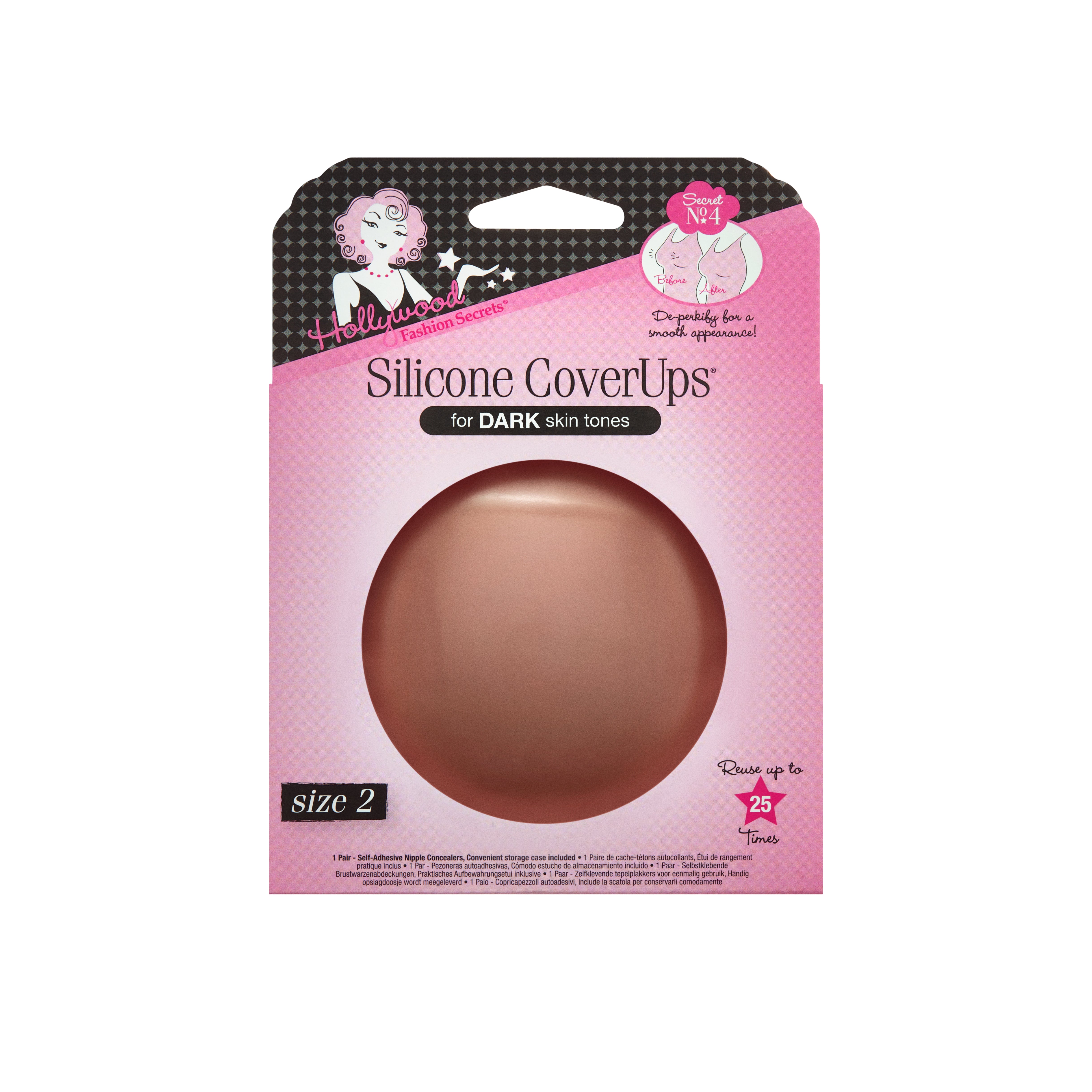 Silicone cover-up product packaging for dark skin tones on a white background