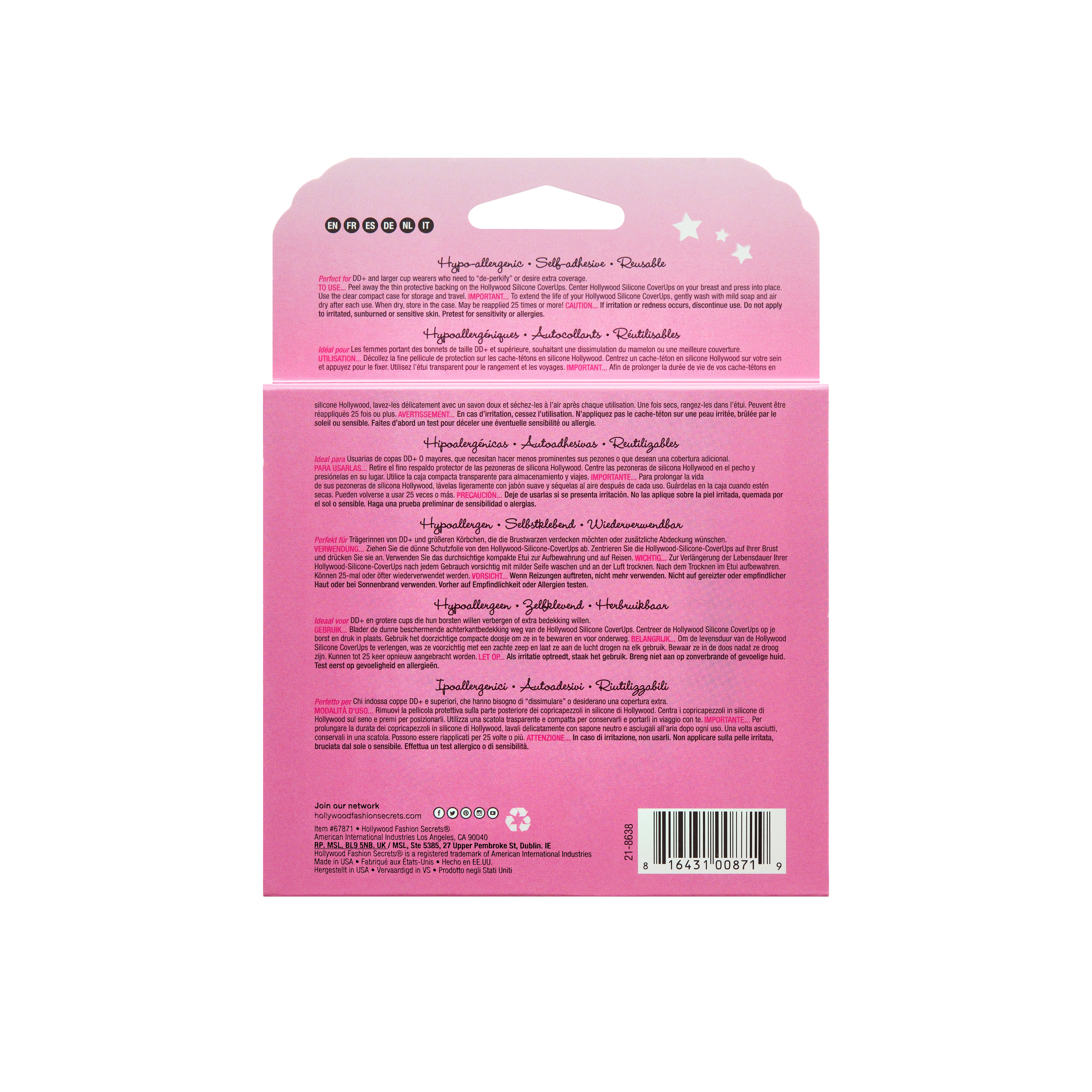 Pink packaging with text and a barcode on a white background