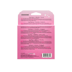 Pink packaging with text and a barcode on a white background