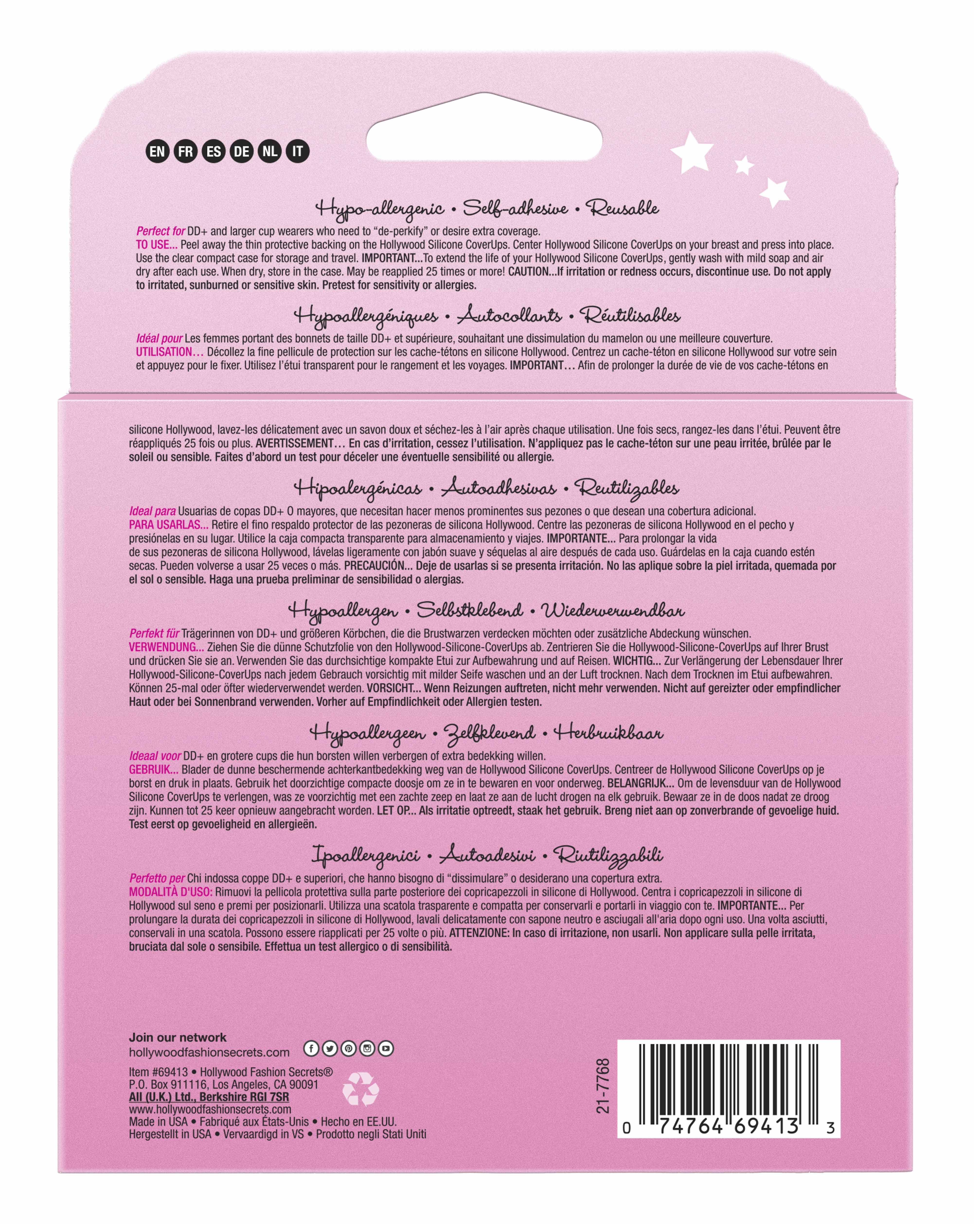 Back of a pink product packaging with text and branding