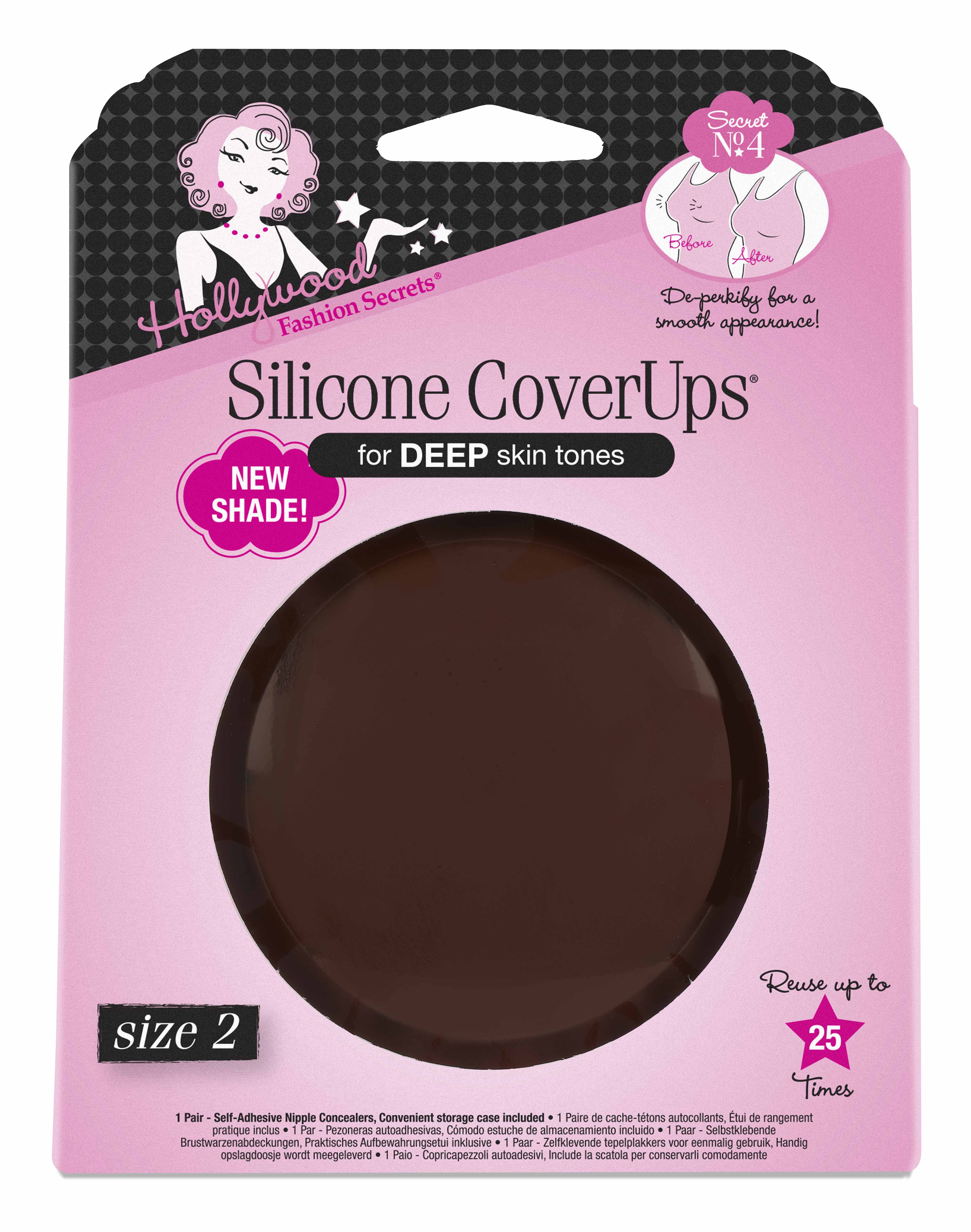 Packaging of Fashion Secrets Silicone CoverUps Shade Deep for deep skin tones on a pink background.