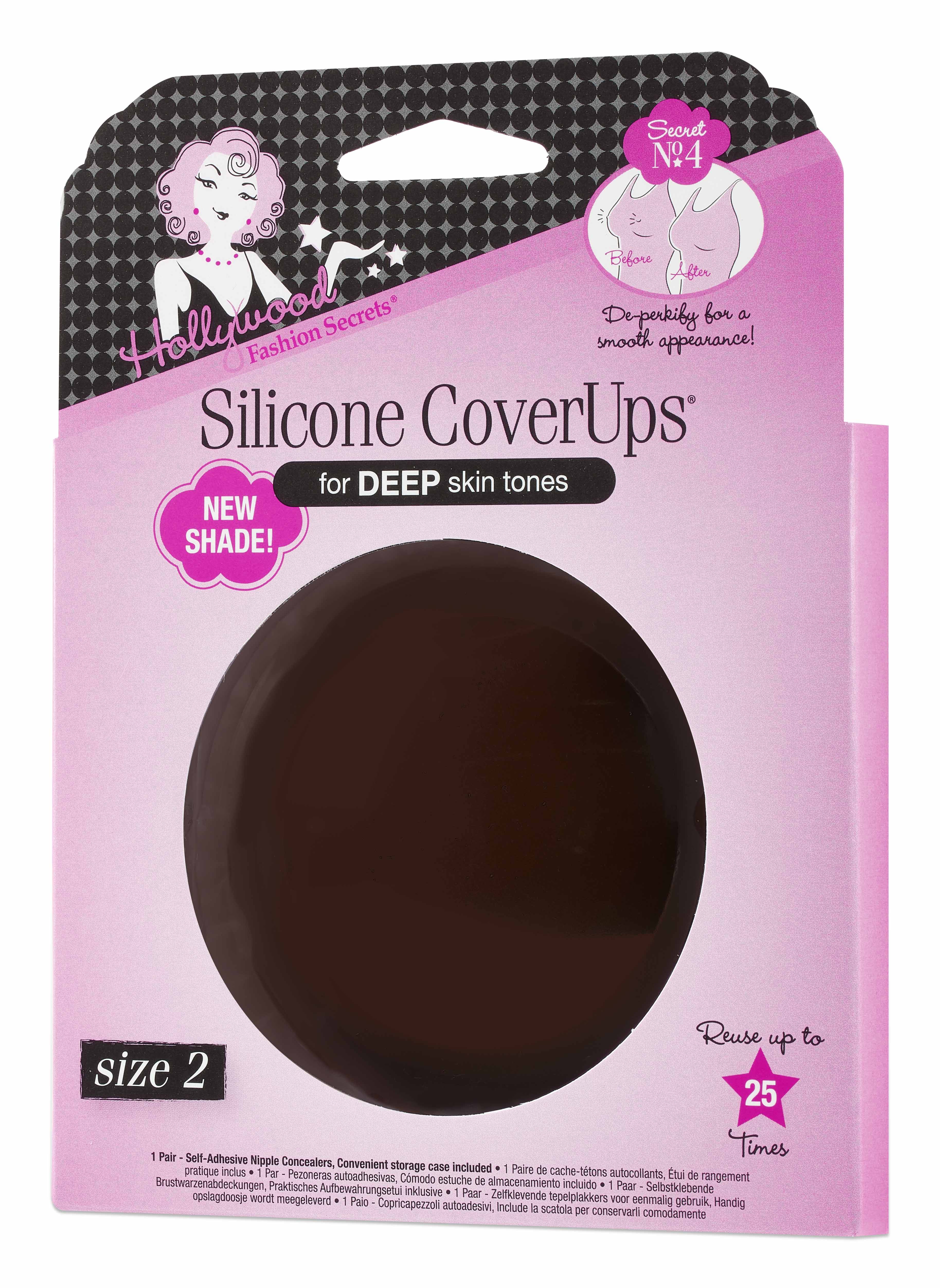 Silicone CoverUps Shade Deep packaging for deep skin tones with a pink and black design.