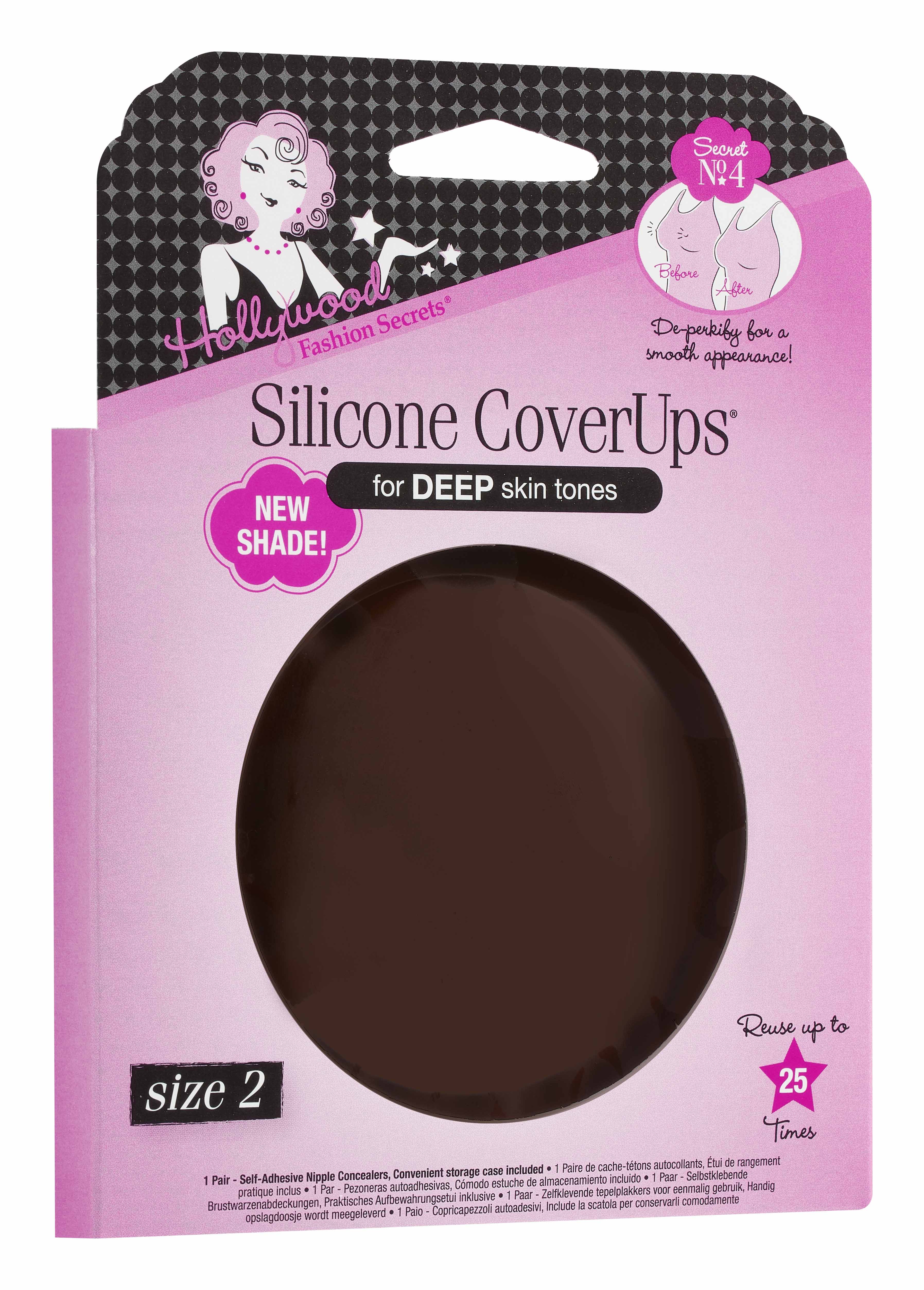 Silicone CoverUps Shade Deep packaging for deep skin tones with a pink and black design.