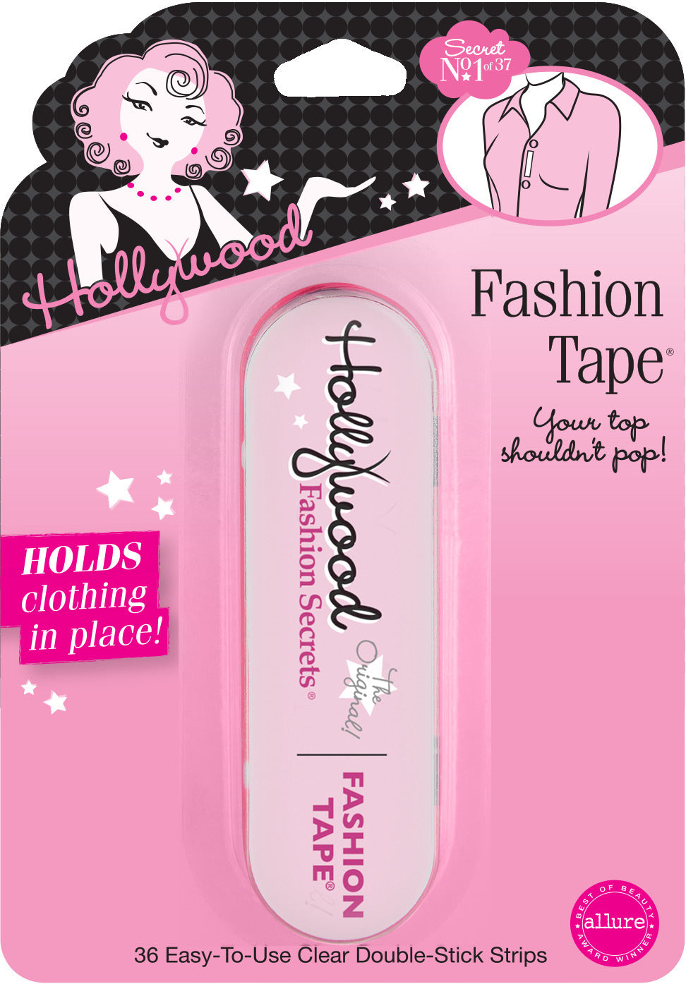 Pink packaging of Hollywood Fashion Secrets fashion tape.