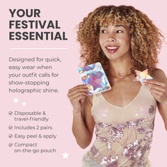 Woman holding holographic stickers with product features on a pink background