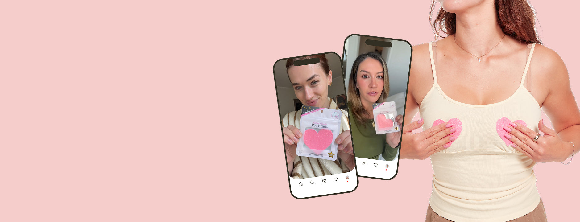 Woman applying pink makeup with smartphone screens showing close-up views on a pink background